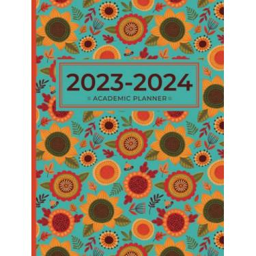 Imagem de Academic Planner 2023-2024 Large | Funky Sunflower Teal Garden Hardcover: July - June | Weekly & Monthly | US Federal Holidays and Moon Phases
