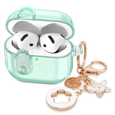 Imagem de (com trava de segurança) capa transparente compatível com lindos Apple Airpods 4 2024 mulheres, VISOOM TPU macio transparente Air pods 4 gerações, capa para iPods 4 fones de ouvido, chaveiro feminino