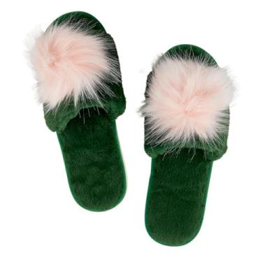 Imagem de Bella Pantufa de pelúcia ultra macia para uso interno com pompom felpudo, poliéster de pelúcia, verde esmeralda e rosa, médio (EUA 7-8)