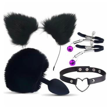 Imagem de Kit Sensual com Plug Anal Pompom, Gargantilha, Tiara Gatinho e Grampo para Seios Preto