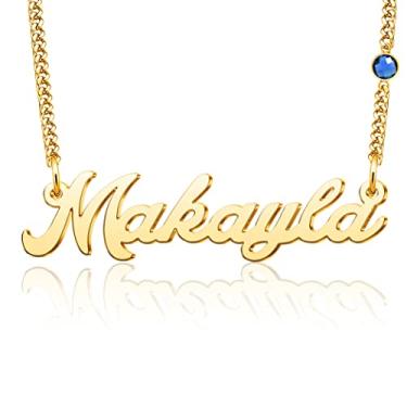 Imagem de LuxglitterLin Colar de ouro personalizado feito com pedra do mês de nascimento Swarovski, joia de aço inoxidável, corrente de elos cubanos, presente de dia das mães para mulheres, Metal, Cristal