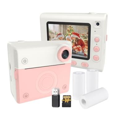 Imagem de Câmera de impressão instantânea infantil Câmera digital para crianças Câmera de vídeo digital 1080P Lente dupla Tela IPS de 2,8 polegadas Bateria integrada Molduras para fotos com 3 rolos de papel