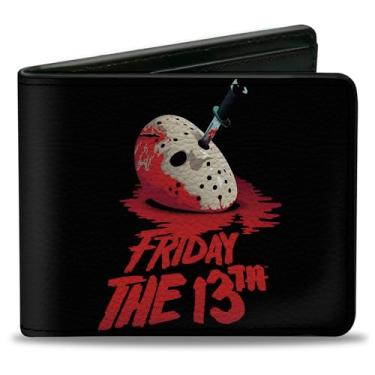 Imagem de Carteira de filmes de terror, dobrável, sexta-feira 13, pôster vintage de máscara Jason preto vermelho, couro vegano, Sexta-feira 13 Jason, 4.0" x 3.5"