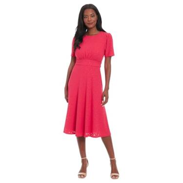 Imagem de London Times Vestido feminino midi com ilhós, mangas bufantes, cintura reunida, corte império, vestido de convidada para casamento, Vermelho rosa, 40
