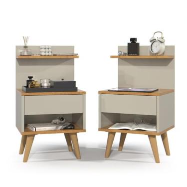 Imagem de Kit 2 Mesa de Cabeceira Quarto Mesinha Apoio Lateral Cama Box Casal Estilo Nicho Decoração Retrô Sleep 1 Gaveta Offwhite/Nature