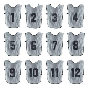 Imagem de PATIKIL Colete de treinamento de futebol, pacote com 12 pinnies esportivos de equipe, reversível, numerado, pennies, camisolas, babadores com cinto para adultos, 71 cm, cinza, Cinza, 28"