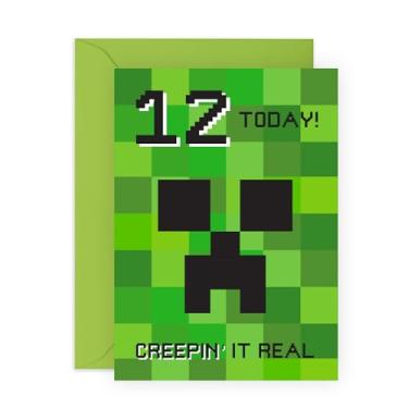 Imagem de Cartão inspirado no Minecraft de 12º aniversário - Presentes de jogador 'Creeping It Real 12' para crianças, menino, filho, sobrinha, sobrinha, meninas, netos, vizinhos e ele - Doze anos de idade -