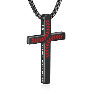 Imagem de WINFY Colar de cruz de beisebol para meninos e homens, pingente de cruz cristã, versículo bíblico, pingente de cruz, corrente de aço inoxidável, 50 + 5 cm, joia de beisebol, presente religioso para