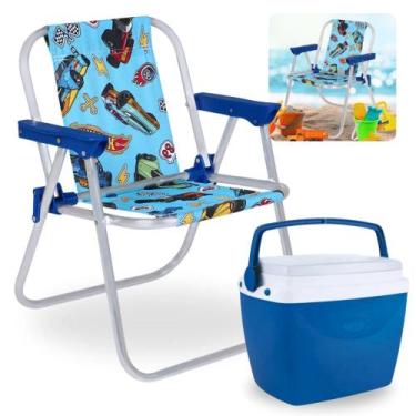 Imagem de Kit Cadeira de Praia Infantil Azul Hot Wheels + Caixa Termica Azul Peq