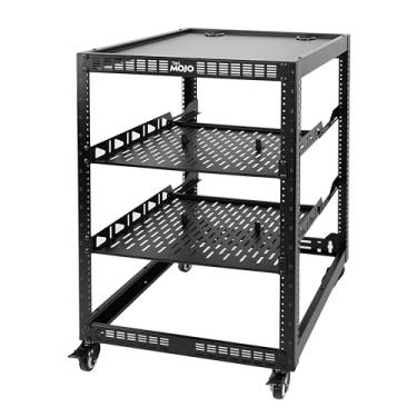 Imagem de TECMOJO Rack de rede de estrutura aberta 16U para equipamentos de TI e AV, rack AV de 4 pinos com rodízios, rack móvel de 16 U com 2 peças, prateleira de rack de servidor 1U e hardware de montagem