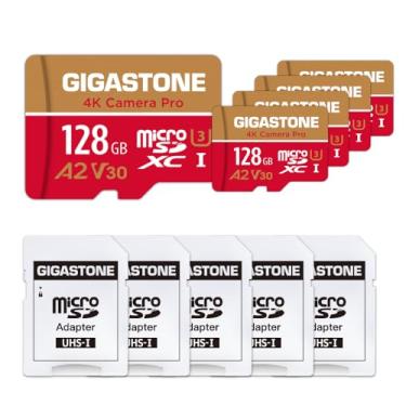 Imagem de [Recuperação de dados gratuita de 5 anos] Gigastone 128 GB 5 unidades de cartão micro SD para GoPro, Action Camera, DJI, Drone, R/W até 100/50 MB/s MicroSDXC Cartão de memória UHS-I U3 A2 V30, com adaptador