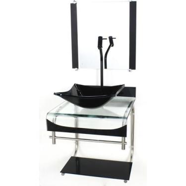 Imagem de Gabinete de vidro 40cm para banheiro curvado duplo inox cuba quadrada 