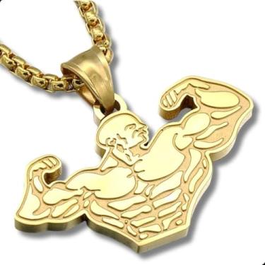 Imagem de Cordão Colar Fit Pingente Homem Forte Bodybuilder Fisiculturismo Corrente Aço Inox Masculino Academia Halter Anilha (Dourado, 70cm)
