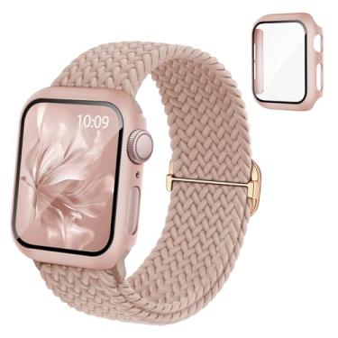 Imagem de Pulseira elástica trançada compatível com relógio Apple e capa de 40 mm, 41 mm, 42 mm, 44 mm, 45 mm, 46 mm, pulseira elástica de nylon e capa protetora com protetor de tela para Apple Watch séries 11