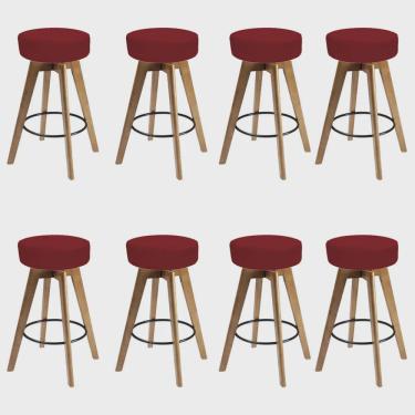 Imagem de Kit 08 Banqueta Alta Redonda Giratória Elsa Madeira Balcão Bistrô Cozinha Corino Vermelho - Ahz Móveis
