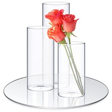 Imagem de Sawysine Conjunto de vasos cilíndricos de vidro vasos de flores de mesa transparente vários tamanhos vasos decorativos de vidro com placa espelhada redonda grande de 25 cm para mesa de casamento peça central para decoração de parede de festa de casa (4 peças)