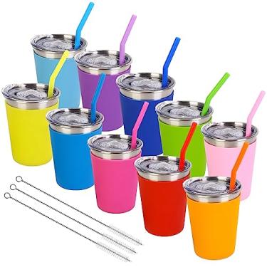 Imagem de Luismia Pacote Com 10 Copos Infantis Com Canudos E Tampas, Copo À Prova De Derramamento Para Crianças Com Capas De Silicone Coloridas, Copos Reutilizáveis De Aço Inoxidável Para Smoothies Infantis