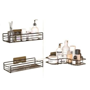 Imagem de Kit 2 Prateleiras Suporte Com Alto Adesivos Para Parede Banheiro Cozinha Lavanderia Shampoo Sabonete(2 RETAS + 1 CANTO)