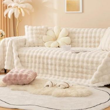 Imagem de Toalha de sofá de pelúcia, quente e fofa, manta de inverno, supermacia, macia, de veludo espesso, capa de sofá, bege, 180 x 340 cm, 1 peça