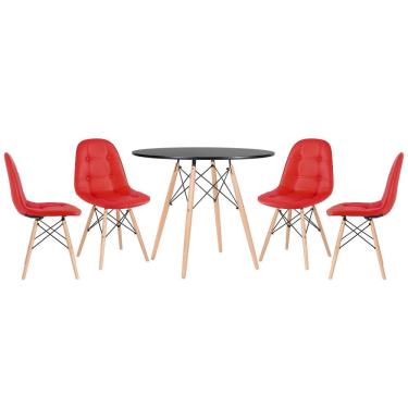 Imagem de Kit - Mesa redonda Eames 90 cm preto + 4 cadeiras estofadas Eiffel Botonê Vermelho