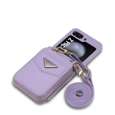 Imagem de HJZSZX Para Samsung Z Flip 6 Long Lanyard Couro Zip Wallet Cartão Telefone Case Crossbody Bolsa Capa (Para Samsung Z Flip 6/ROXO)