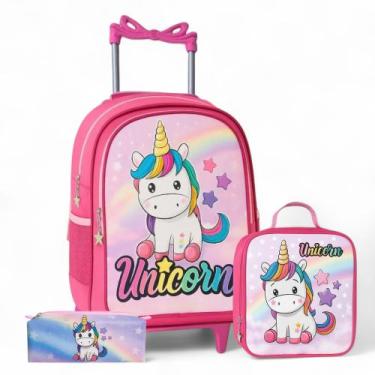 Imagem de Mochila Escolar Infantil Rodinha Feminina + Lancheira + Estojo Unicorn