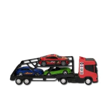 Imagem de Caminhão Transportador de Carros com 3 Carros Esportivos, Brinquedo Infantil, Vermelho e Preto