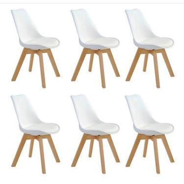 Imagem de Kit Com 6 Cadeira Leda Branca - Charles Eames Wood Com Almofada