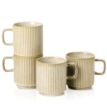 Imagem de Seyatoo Conjunto de 4 canecas de café, xícaras de café de chá com nervuras de cerâmica com alça, caneca grande de porcelana para americano, latte, cappuccino, chocolate quente, verde oliva
