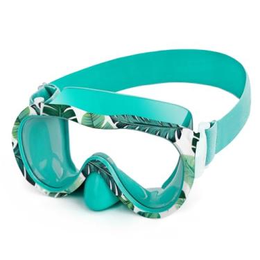 Imagem de Óculos de natação para crianças, máscara antivazamento com cobertura de nariz e alça de tecido elástico, óculos de natação com proteção UV para crianças, meninos, meninas (folhas verdes)