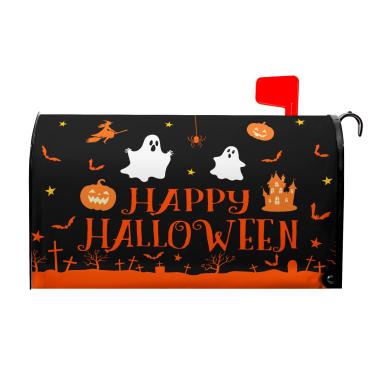 Imagem de Sweetshow Capas de caixa de correio pretas Happy Halloween tamanho padrão magnético 45,7 cm x 53,3 cm, castelo de Halloween, fantasma, abóbora, caixa de correio, capa de correio para decoração de