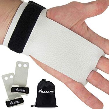 Imagem de Puxadores de mão de ginástica de couro Kayana com 2 orifícios – Proteção de palma e suporte de pulso para treinamento cruzado, Kettlebells, levantamentos, levantamento de peso, levantamento de queixo, treino, exercícios, Branco, Small