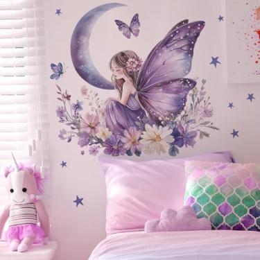 Imagem de ZARROUEA Decalque de parede de fada borboleta, design de borboleta floral roxa, adesivos de arte de vinil removíveis para quarto de bebê de meninas