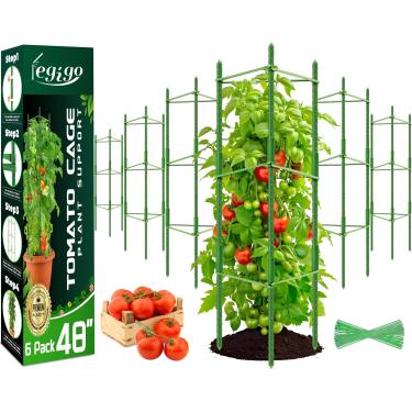 Imagem de Legigo Pacote com 6 gaiola de tomate para suporte de plantas de jardim - estacas de jardim de até 122 cm, gaiola de tomate, treliça de tomate para plantas em vaso, gaiolas de tomate estacas de plantas para escalada vegetais, plantas flores