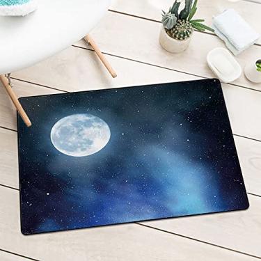 Imagem de Tapete de porta de lua, céu noturno com estrelas, lua cheia, universo, espaço, corpos celestiais, noite romântica, lavável à máquina, L40 x C 80 cm, preto azul e branco