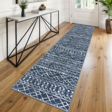 Imagem de KUTA Corredores Boho para corredores 5 x 20 cm azul-marinho marroquino lavável tapete antiderrapante vintage tapete de cozinha ultramacio, geométrico, para quarto, lavanderia, sala de estar