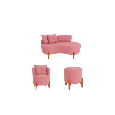 Imagem de Kit Decorativo Sofá Curvo Orgânico + 01 Puff e Poltrona Luna Veludo Rosa - Montanaris Decor