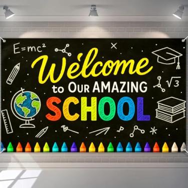 Imagem de BlissYard Faixa de volta às aulas 188 x 109 cm poliéster decoração escolar bem-vinda com ABC, giz de cera, globo, livros e material escolar para sala de aula e quarto de crianças
