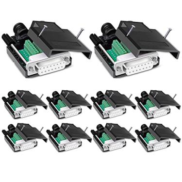 Imagem de ANMBEST Conector sem solda DB15 de 10 peças, RS232 D-SUB Serial para porta de 15 pinos 16 mm mais fino terminal fêmea placa breakout com caixa parafusos longos porcas