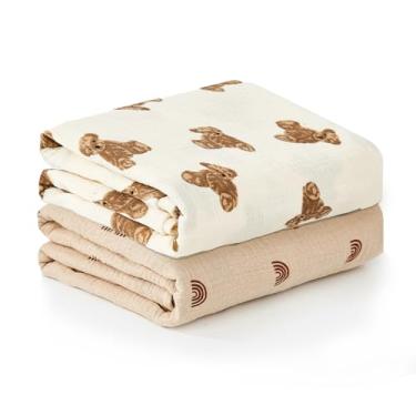 Imagem de insular Cobertores de musselina para meninos e meninas, pacote com 2 cobertores grandes para bebês 119 x 119 cm, envoltório macio e respirável para recém-nascido, ursinho de pelúcia e arco-íris