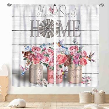 Imagem de TKUYO Cortinas florais rosa, fazenda rústica peônia rosa flor primavera campo prancha de madeira casa doce blackout cortinas de janela tratamentos para quarto, sala de estar, cozinha, banheiro, 2