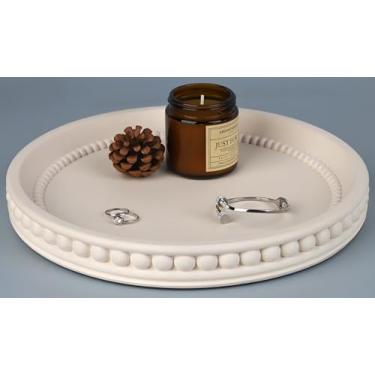 Imagem de Vixdonos Bandeja decorativa estilo contas, bandeja redonda de concreto para mesa de centro, organizador de mesa circular para decoração de casa, 28 cm (bege)