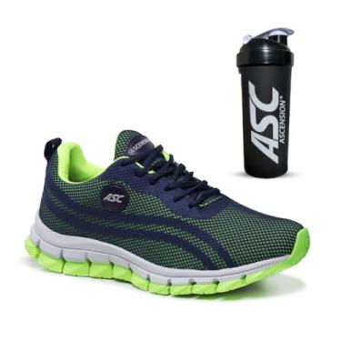 Imagem de Tênis Feminino Ascension + Coqueteleira – Leve, Macio e Confortável para Caminhada, Corrida, Academia e Uso Diário | Estilo Esportivo e Urbano (Marinho e Verde + CQ.PTO, BR, Adulto, Numérico, 34)