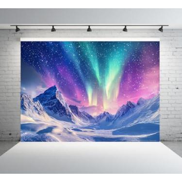 Imagem de PONNYC Cenário Aurora Boreal Colorido Aurora Boreal Cenário Natural Neve Montanhas Vista Noite Céu Estrelado Fotografia Fundo Férias Material Escolar Decoração Faixa de Festa 19 x 1,5 m DU58A