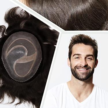 Imagem de Civmo Peruca masculina de renda mono com peruca PU para homens 100% sistema europeu de substituição de cabelo humano peruca masculina peruca masculina peruca masculina (#3 cor marrom escuro)