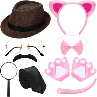 Imagem de Skicuff 9 peças de fantasia de casal adultos Pantera e Detetive acessórios de fantasia rosa bandana gato garra luvas laço cauda chapéu falso bigode lupa óculos redondos gravata cosplay para Halloween
