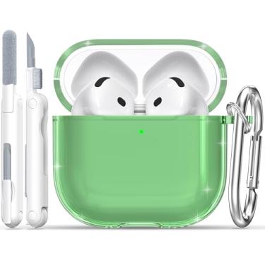 Imagem de RFUNGUANGO Capa protetora para AirPods 4, capa protetora de TPU macio para Airpods 4ª geração, transparente com kit de limpeza, com chaveiro, para Apple AirPods de 4 gerações, unissex - verde