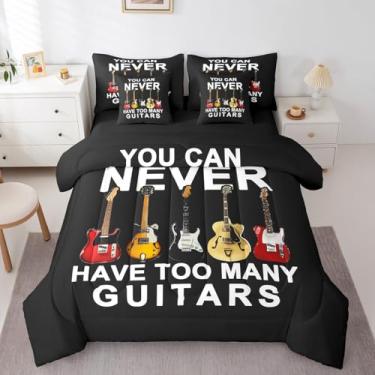 Imagem de Erosebridal Conjunto de edredom de 7 peças, cama queen em uma bolsa, com tema de música, para crianças, meninos, meninas, você nunca pode ter muitas guitarras, lema de guitarra, lençol com instrumento