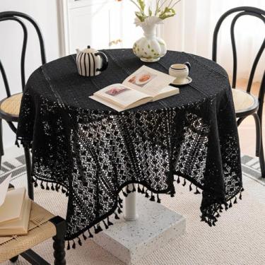 Imagem de Wuluwala Toalha de mesa quadrada pequena de renda vintage de crochê com borlas, toalha de mesa estilo francês, toalha de mesa de algodão feita à mão para chá de panela, festa de aniversário, casamento