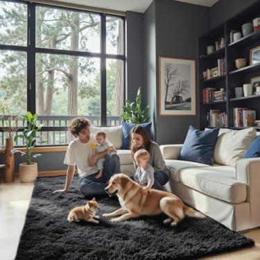 Imagem de junhejiamei Tapete preto para quarto, tapetes de área pequena 7 x 12 cm, tapete felpudo para sala de estar e decoração de casa (7 x 12, preto)